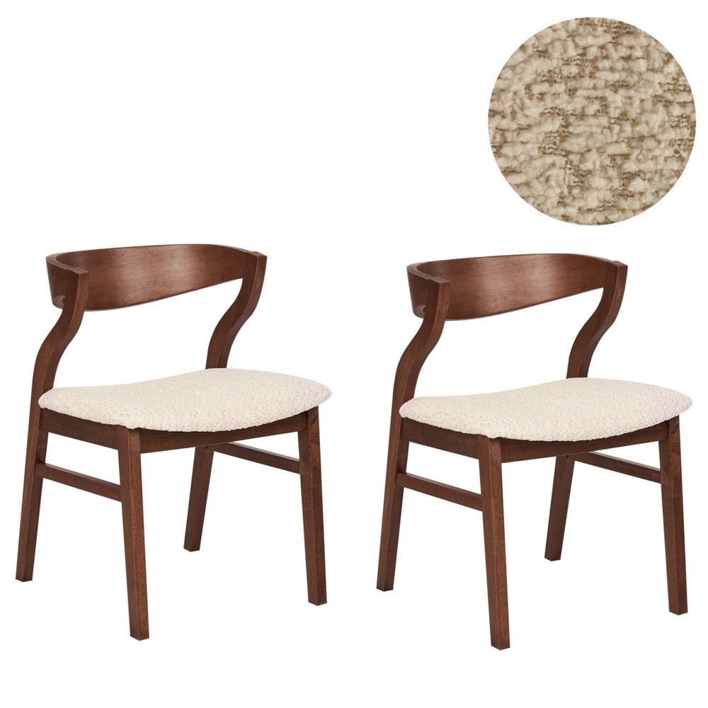 Set di 2 sedie da pranzo in legno scuro e compensato beige in tessuto boucle di poliestere Gambe in legno di gomma Stile tradizionale retrò