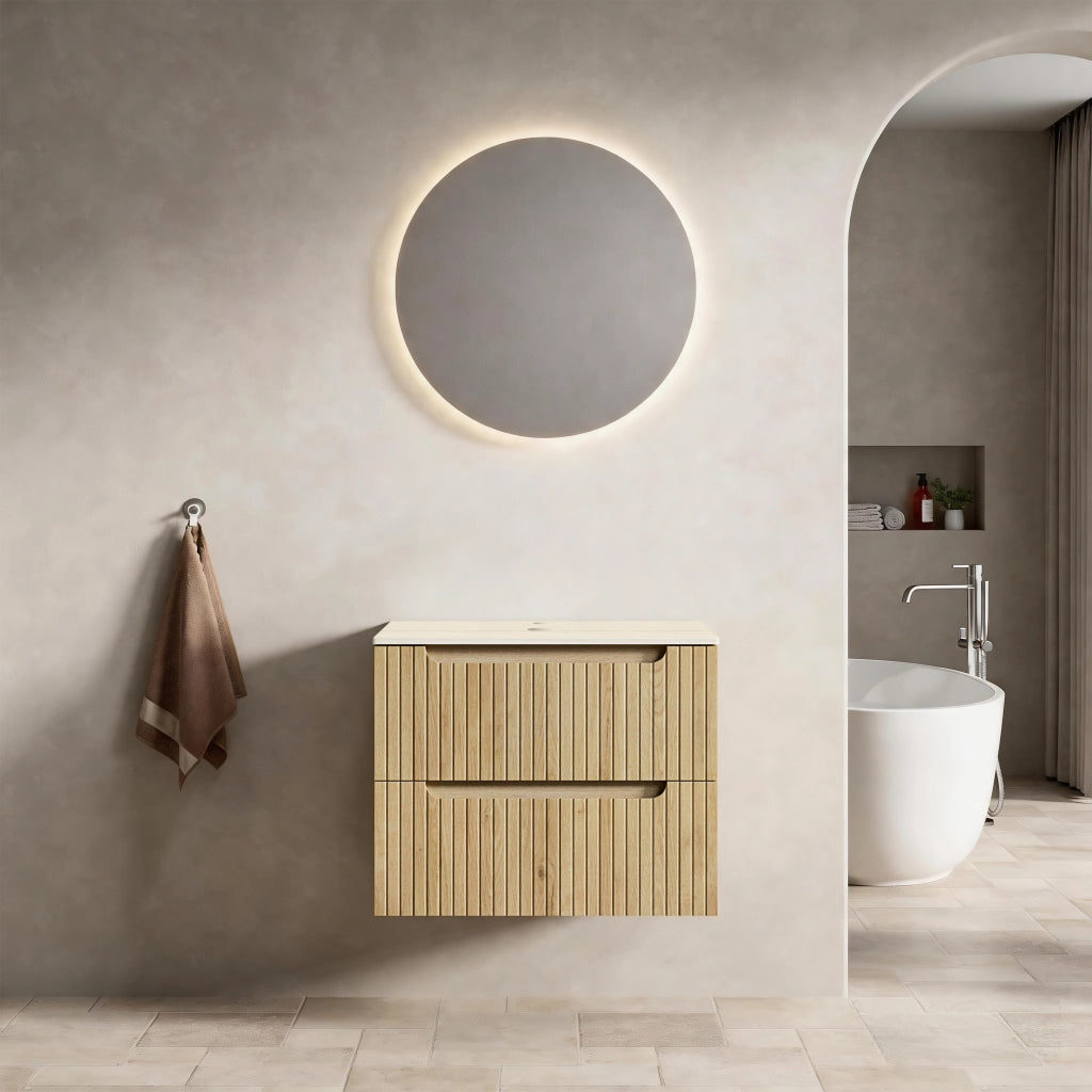 Mobile bagno con piano in pietra sinterizzata e struttura robusta; per bagno; 69×55×61 cm; rovere chiaro