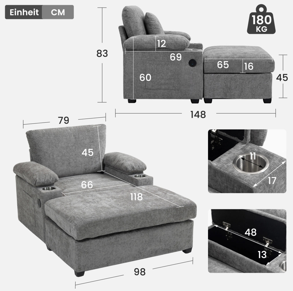 Poltrona relax convertibile in divano letto con portabicchieri; chenille grigio