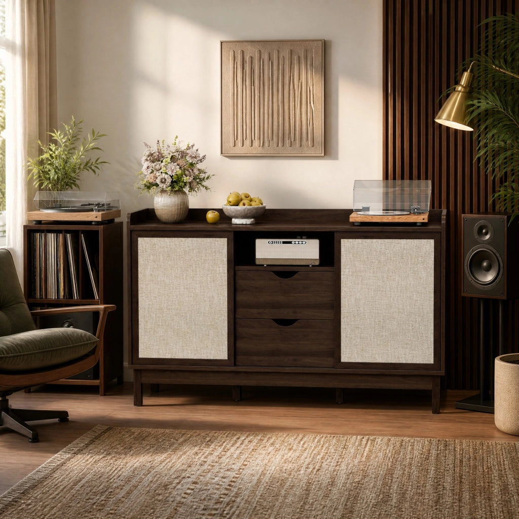 Credenza con ante scorrevoli, doppio cassetto e ripiani regolabili