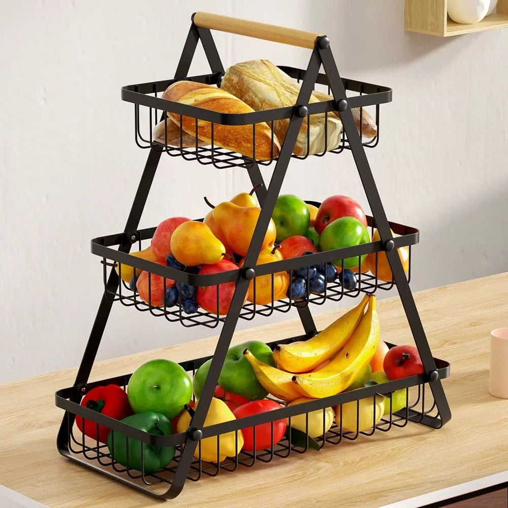 Trade Shop - Cestino Porta Frutta Rettangolare A 3 Ripiani Con Manico Legno Decorazione Cucina Casa -