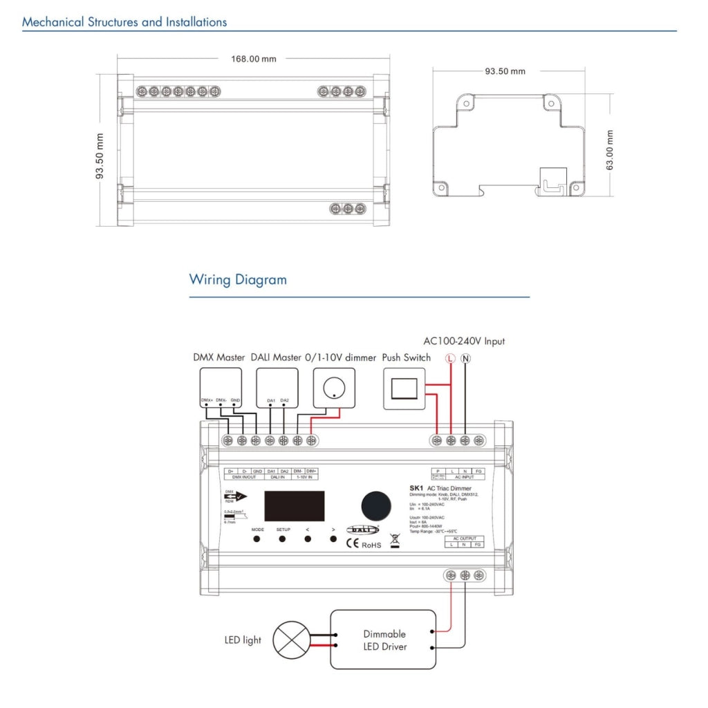 AC Triac Dimmer DALI-2 DMX512 1-10V RF Push Pulsante (5 In 1), 6A 220V 110V Max 1440W, SK1