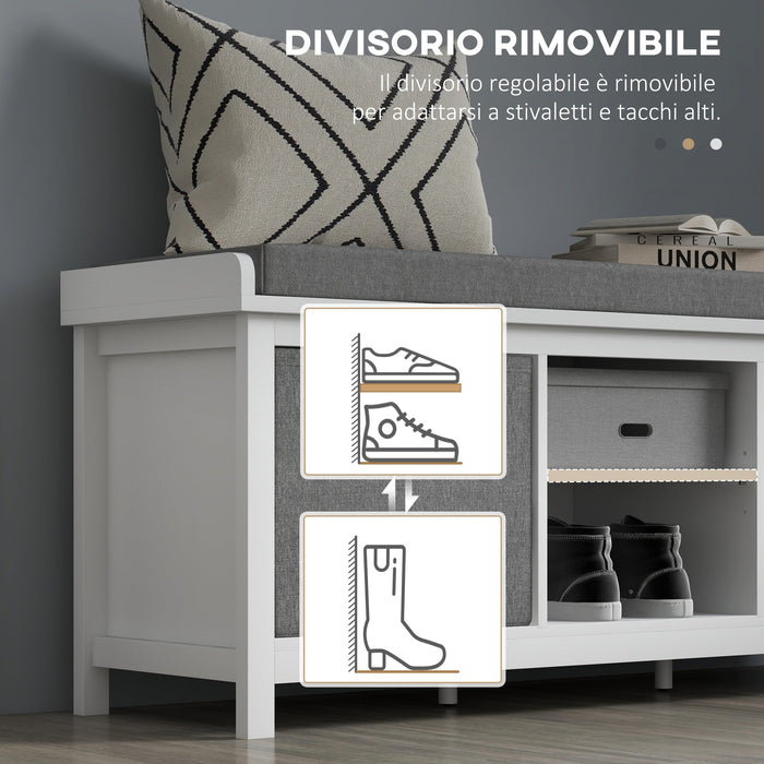 Panca Scarpiera con Ripiano Regolabile a 3 Livelli e 2 Cassetti 105x35x47 cm in Truciolato Bianca e Grigia