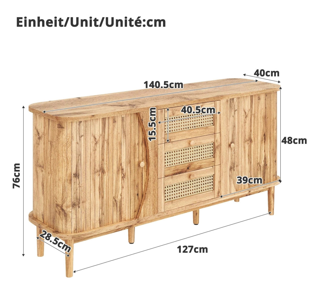 Madia 140.5x40x76 cm con 3 cassetti in rattan; ante scorrevoli e ripiani regolabili in pannello truciolare naturale