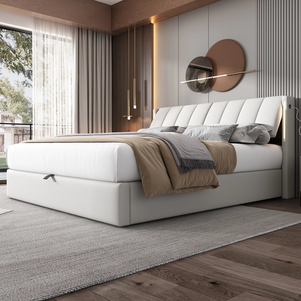 Letto imbottito idraulico con luci LED USB 180x200 cm colore PU bianco