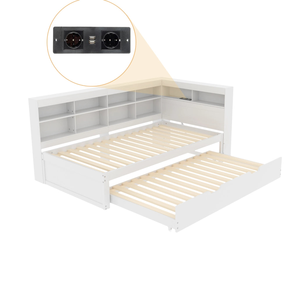 Letto multifunzione in legno 90x200 cm con letto estraibile, USB e vani contenitivi