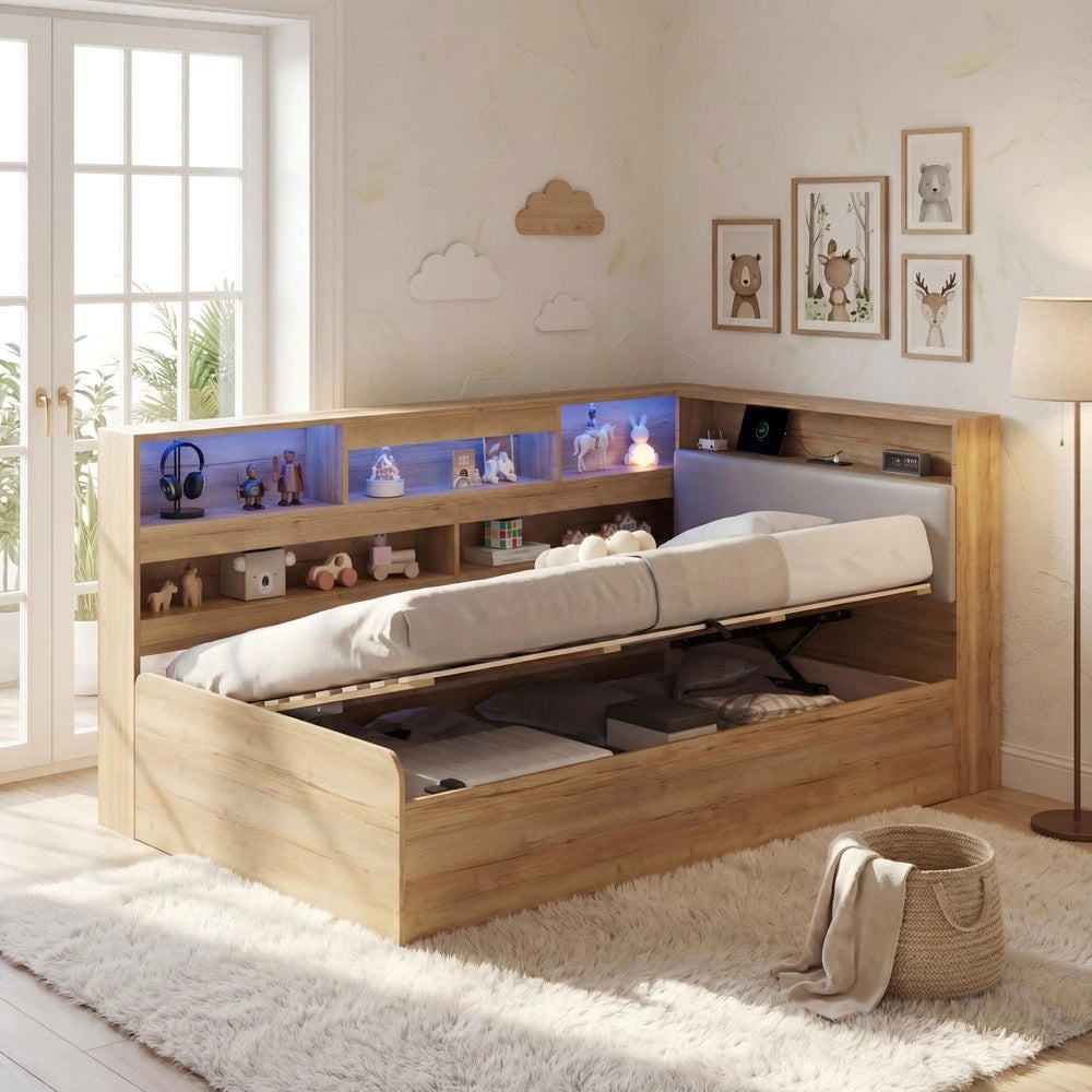 Letto idraulico a scomparsa per bambini - Zephmum- 90x200cm- Natur- USB e LED