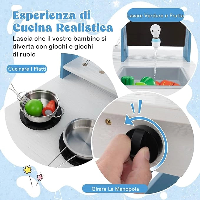 Cucina Giocattolo per Bambini, Cucina per Bambini a Doppia Faccia con Stufa a Gas, Lavello e Rubinetto, Tenda da Sole, Con Suoni, per Bambini 3+ Anni