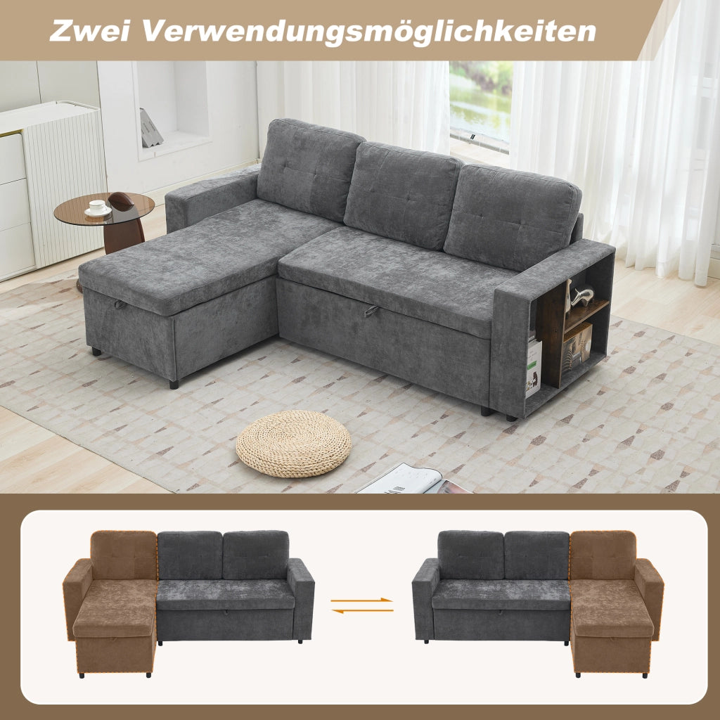 Divano angolare con contenitore e chaise longue reversibile con ripiani in chenille grigio 202 × 136 × 85 cm