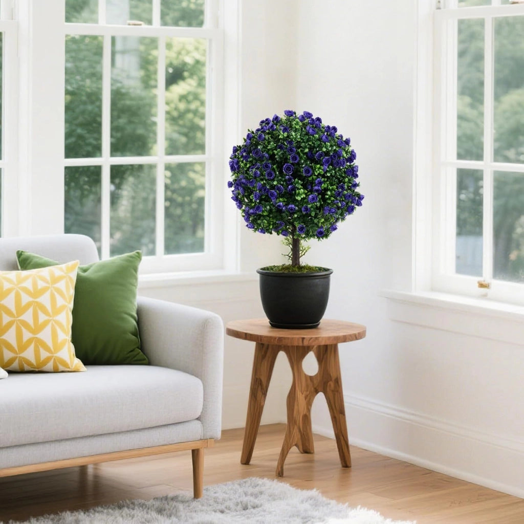 Set di 2 alberi di bosso con rose viola, piante artificiali in vaso con palline di cespugli di bosso, protezione solare, piante ornamentali per ingresso, soggiorno, balcone
