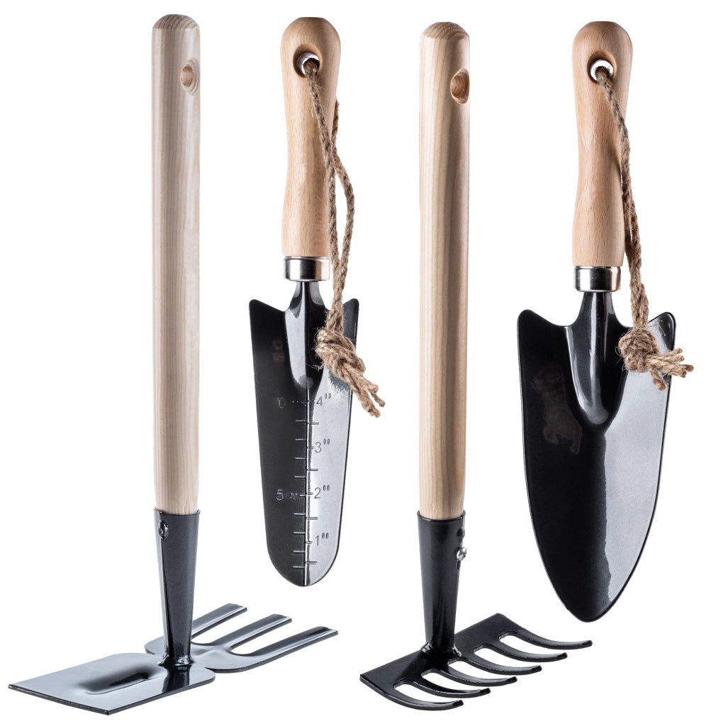 Set di attrezzi da giardino KADAX 4 in 1: pala, zappa, rastrello, artigli per il terreno