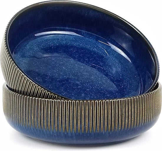 Composizione da 2 porcellane azzurre per insalata - Ciotola di zuppa in ceramica - Bollitore di noodle grande - Ciotola per dessert con cereali per colazione - Ciotola per avena e vassoio per frutta da dessert