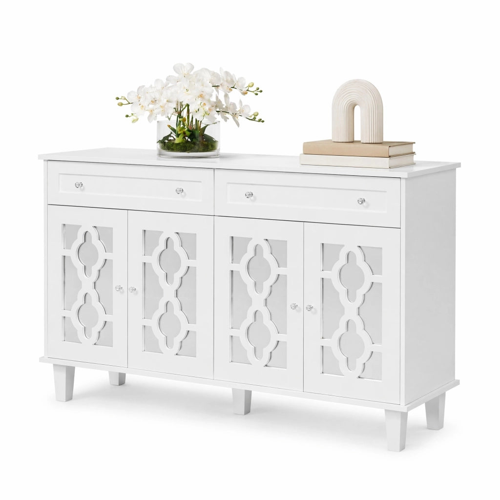 Credenza bianca in MDF con 4 ante a specchio; 2 cassetti e ripiano regolabile; 140 cm