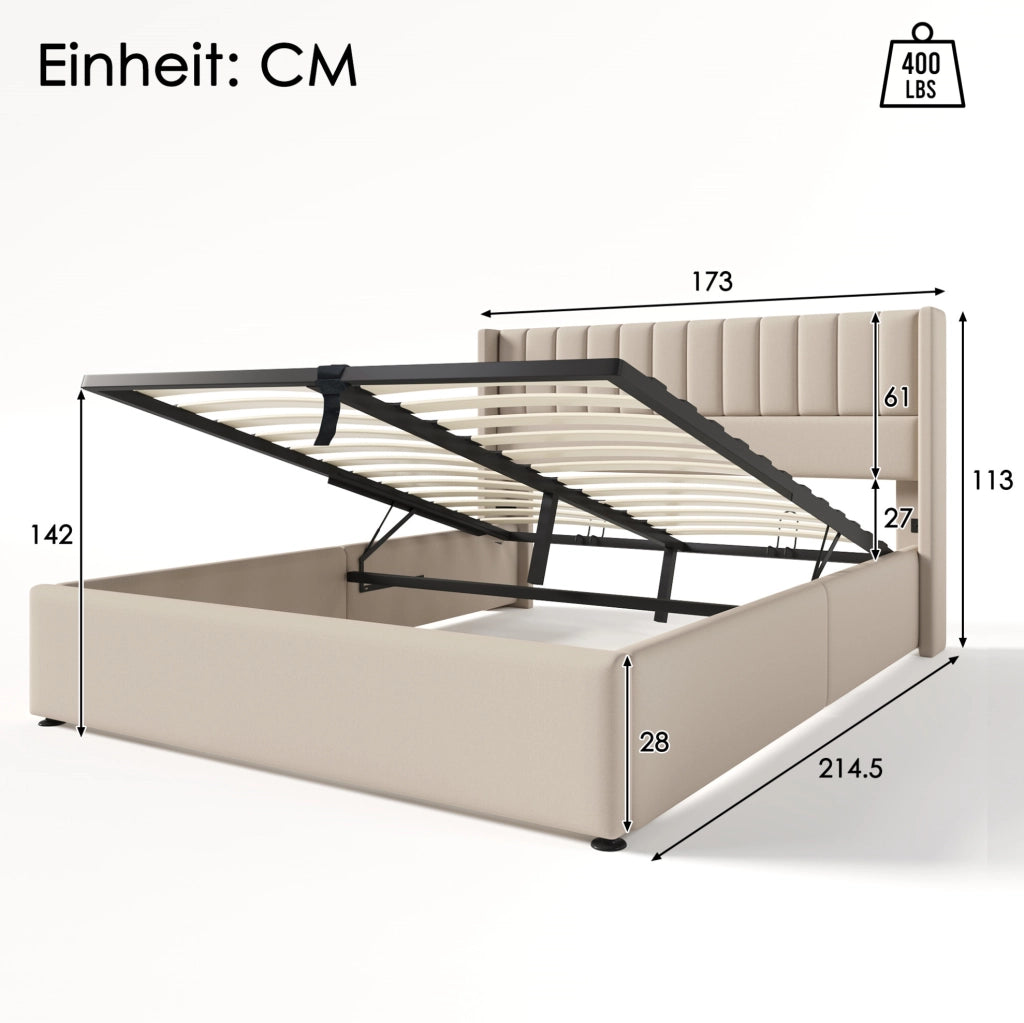 Letto matrimoniale imbottito con contenitore e sistema idraulico 160x200 cm; in lino beige
