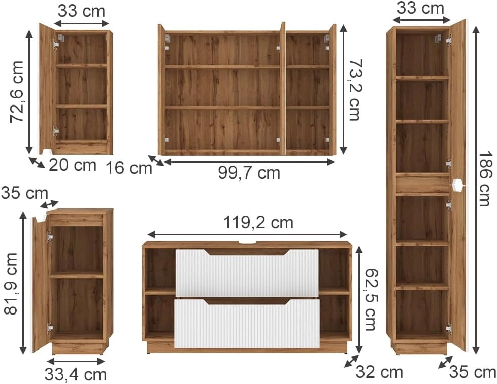 Set di mobili da bagno Lotta, Rovere/bianco a strisce, 5 parti