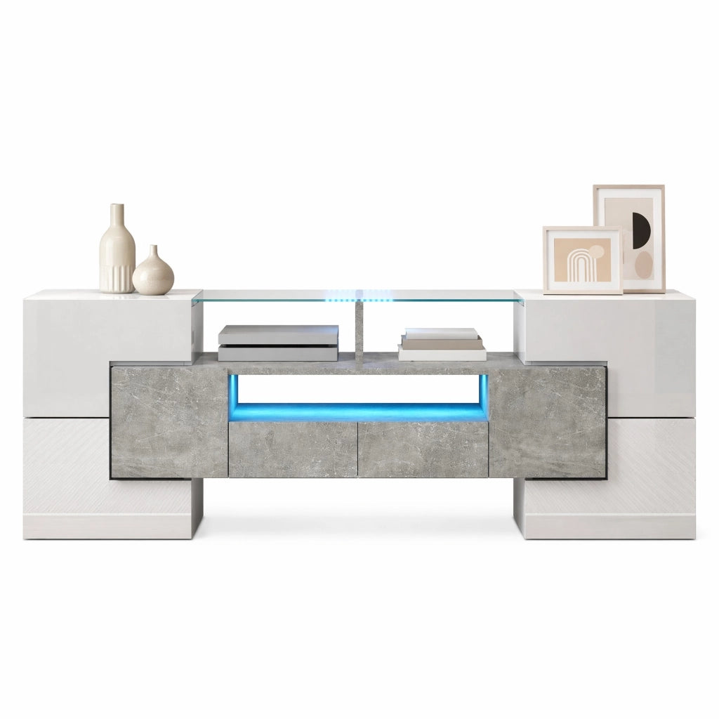 Mobile TV moderno bianco lucido con LED, 145 cm, 6 ante, 2 cassetti e 3 vani