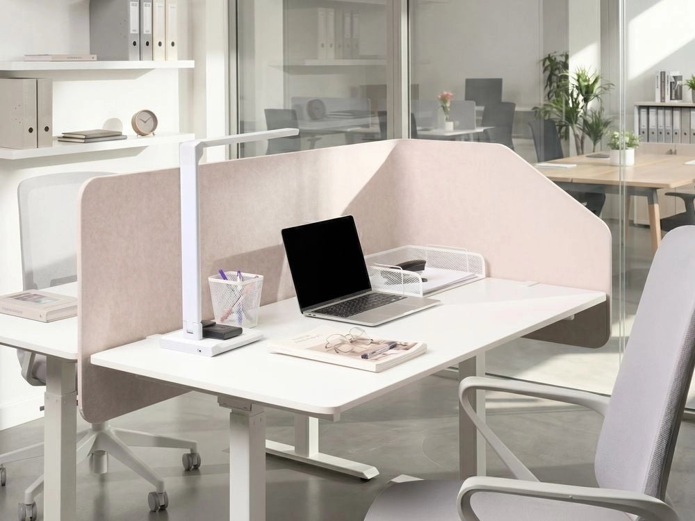 Parete divisoria angolare per scrivania Pannello in PET beige Morsetti di fissaggio in acciaio 120 x 60 x 50 cm Parete divisoria acustica Modulare Home Office