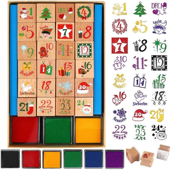 Stempelli in legno per calendario dell'Avvento - 1-24 - Stempelli per borsa - DIY per artigianato - Facile da utilizzare