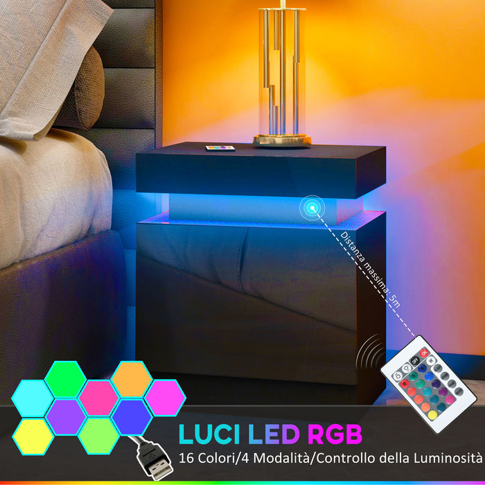 Comodino 45x35x52 cm Illuminazione LED a 16 Colori e 4 Modalità con 2 Cassetti in Legno Nero