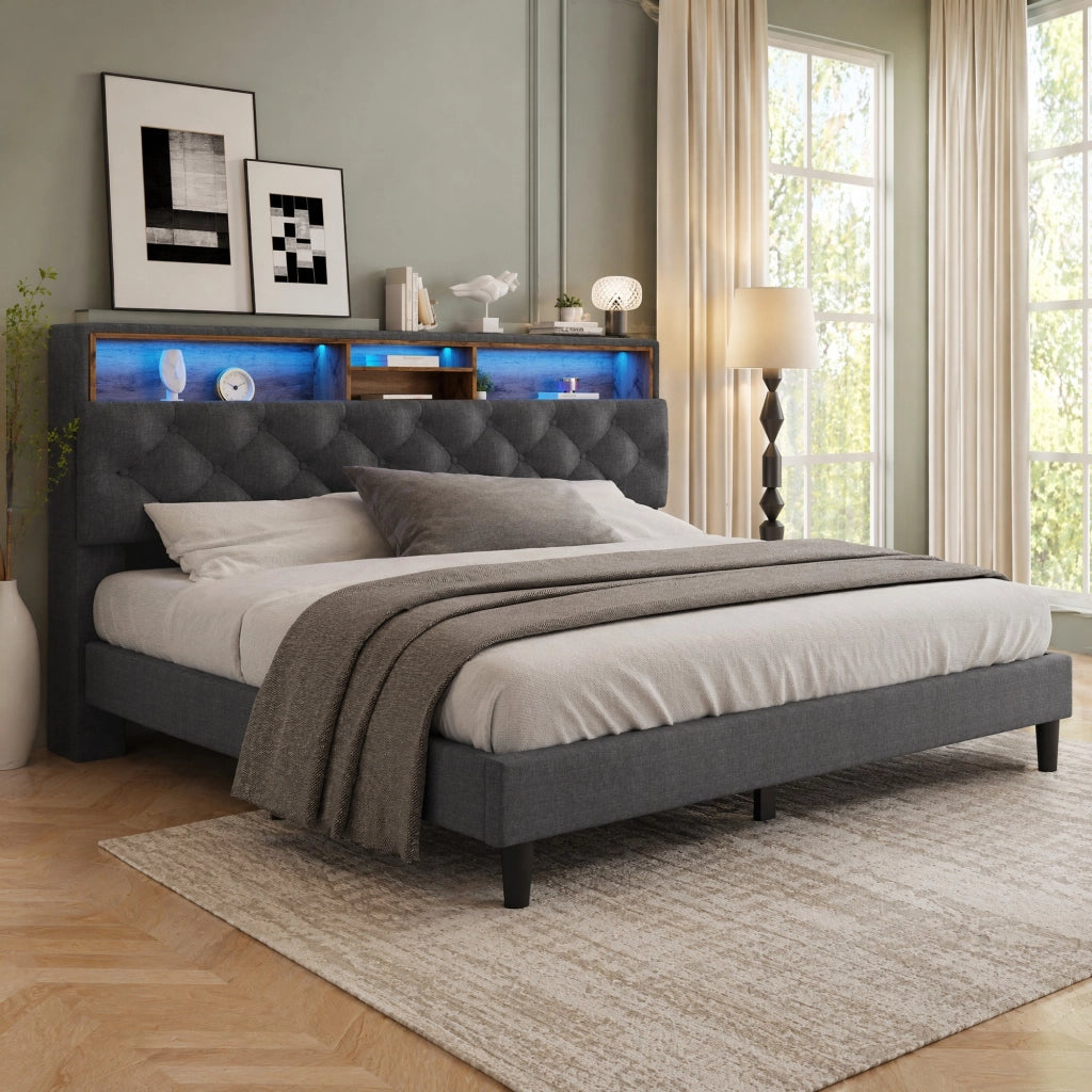 Letto matrimoniale imbottito con testiera contenitore e LED; 140x200 cm; grigio