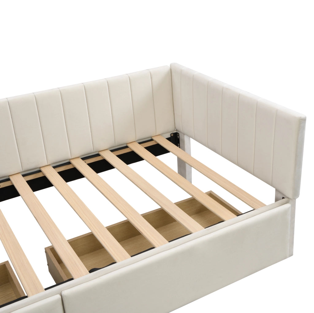 Letto da giorno imbottito 90x200 cm con 2 cassetti e rete a doghe; velluto beige