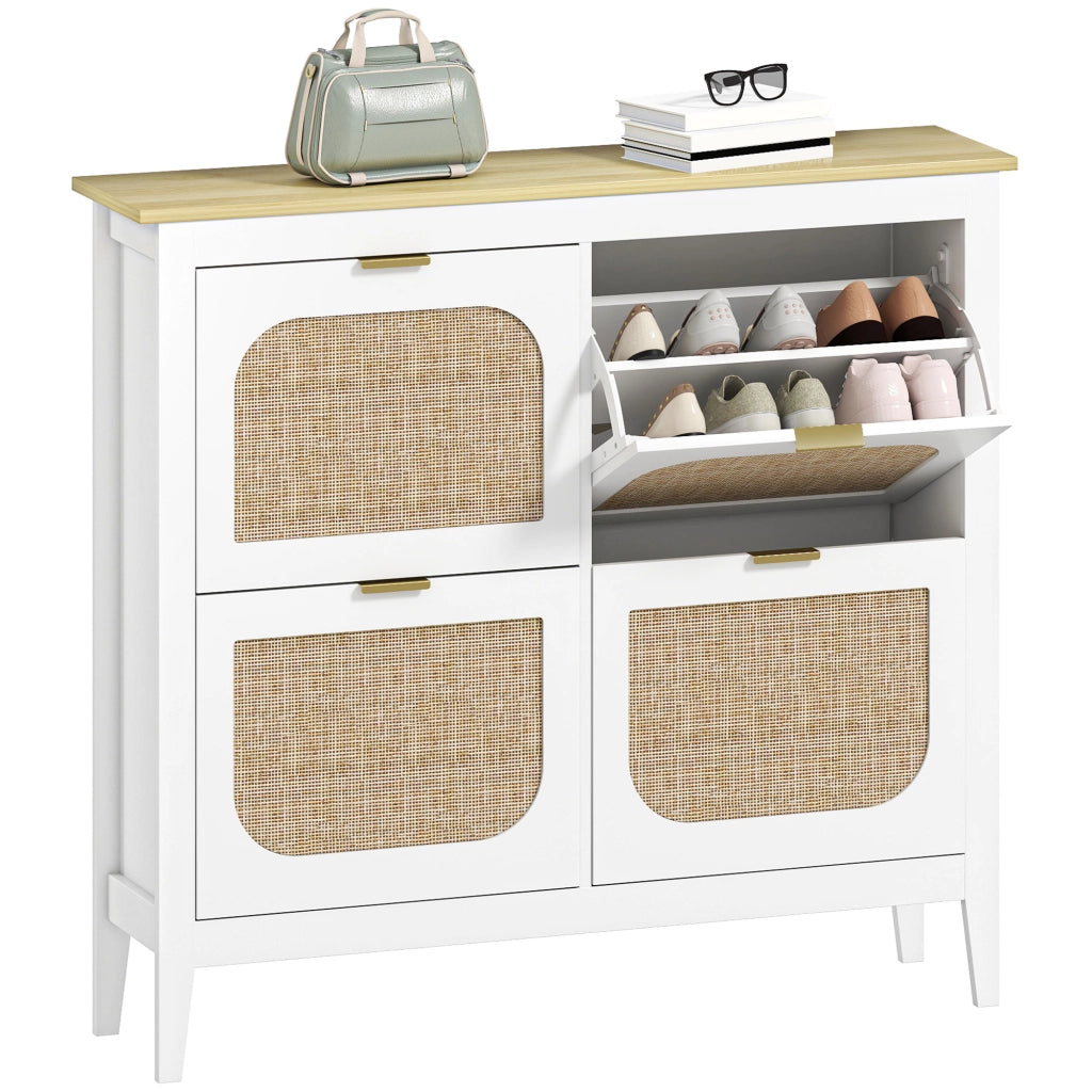 Mobile per Scarpe con 4 Ante in Rattan e Ripiani Regolabili ¨C Zephmum ¨C Bianco 105x24x95,5 cm