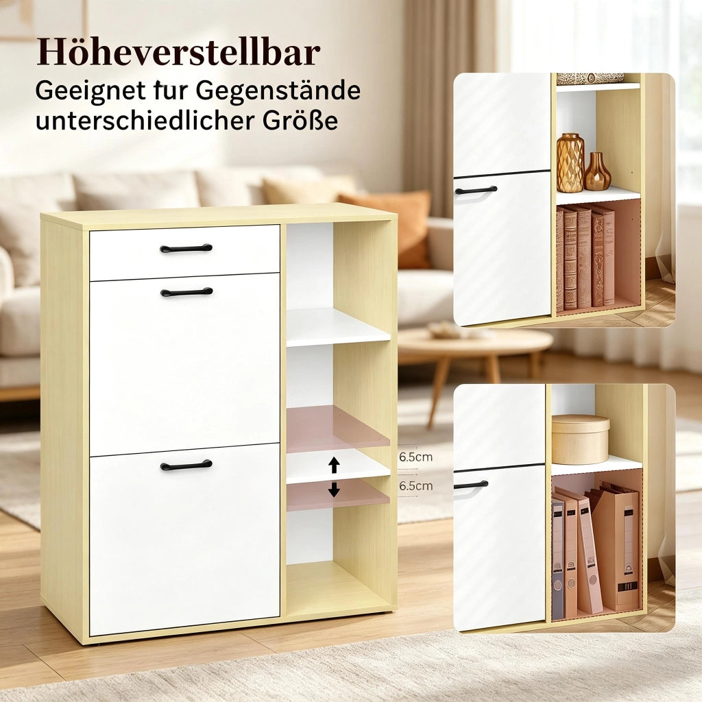 Scarpiera slim con cassetto e 2 ante a ribalta, 3 vani aperti, per ingresso e corridoio, bianco, 80 × 90 × 30 cm