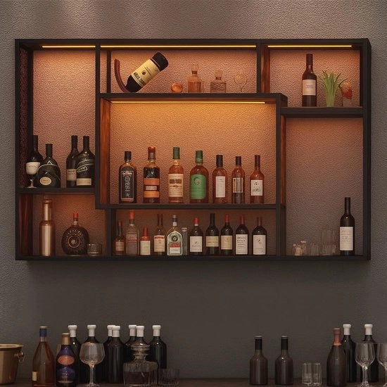 Wandwijnrek metallico, bar con pannelli LED, moderna vetrina da parete per vino, 3 strati di metallo, per bar, salotti, cucine, ristoranti, nero