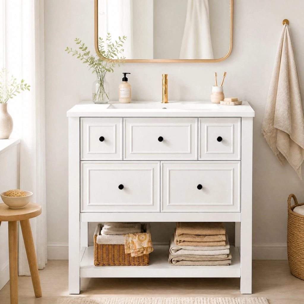 Mobile lavabo freestanding 76 x 46,5 x 82 cm, bianco, in MDF e ceramica, 5 cassetti e vani aperti