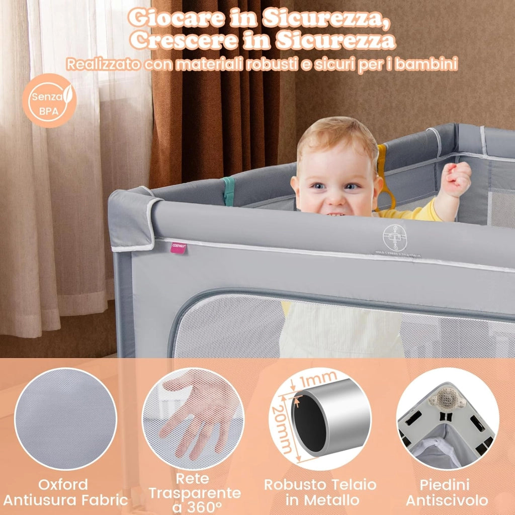 Box per Bambini 150 x 150 cm, Recinto per Neonati Pieghevole in Tessuto Oxford con Rete Traspirante, Centro Attività con 50 Palline, 4 Pezzi Anelli e Borsa (Grigio+Bianco, 150 x 150 cm)