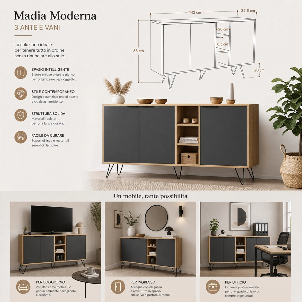 Madia Moderna Credenza con 3 Ante e Vani a Giorno 142x83 cm Rovere e Antracite