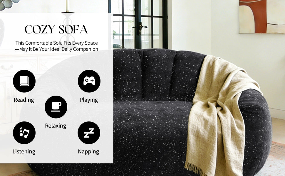 Fauteuil pouf con design a zampa d'orso e seduta ampia in flanella nera per soggiorno, camera da letto e zona relax