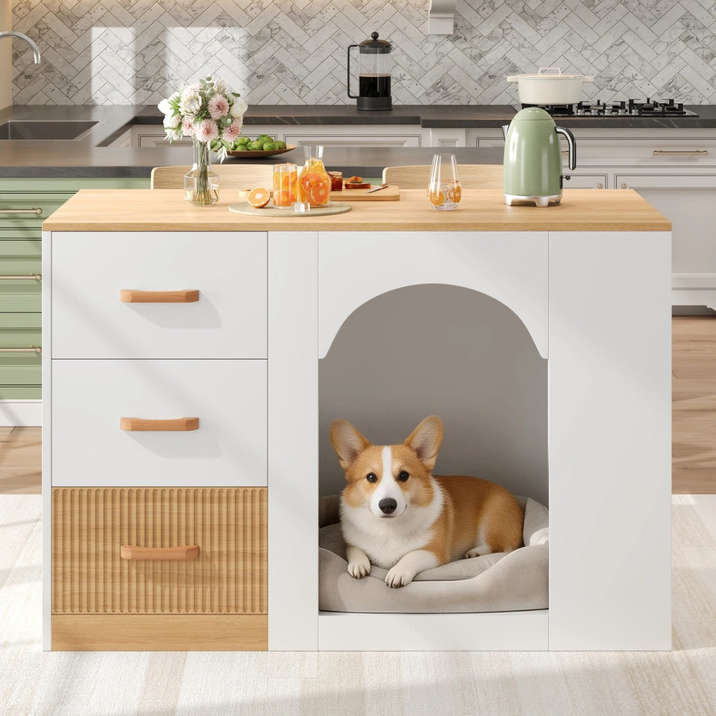 Mobile contenitore con 3 cassetti; 2 vani laterali e zona riposo animali per cucina; in MDF bianco; 120×60×90 cm