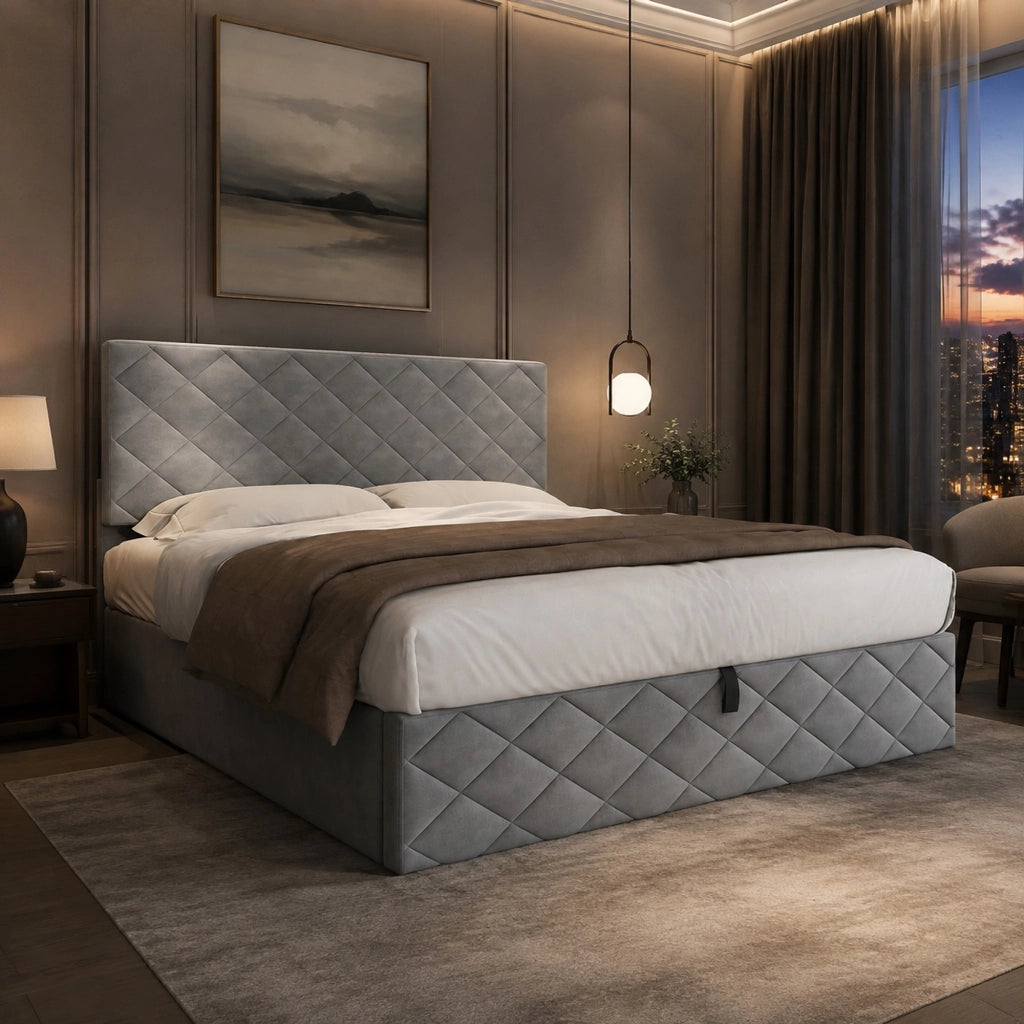LETTO Imbottito con rete a doghe, sollevamento idraulico, 140x200 cm, velluto grigio