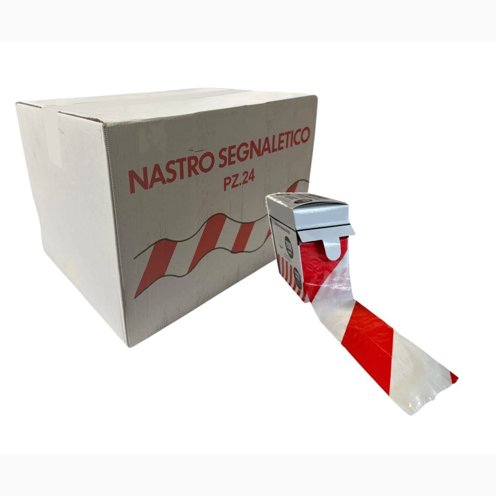 Nastro Segnaletico Bianco e Rosso in PVC 7 cm per 200 Metri con dispenser Conf. 24 pezzi