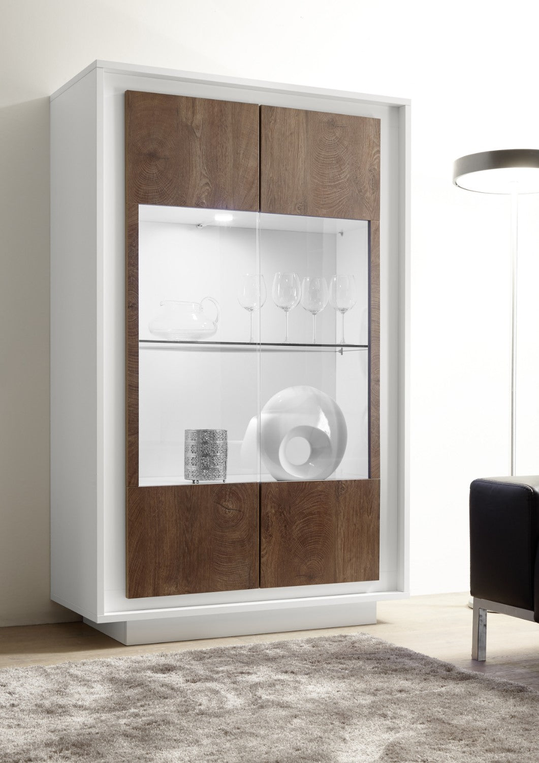 Mobile Vetrina 2 Ante 106x50x171 cm in Legno TFT Frame Bianco e Rovere