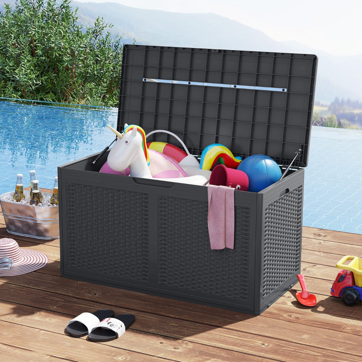 Panchina contenitore impermeabile con coperchio bloccabile, Baule da esterno in resina 380 l da giardino Grigio-Casette da giardino