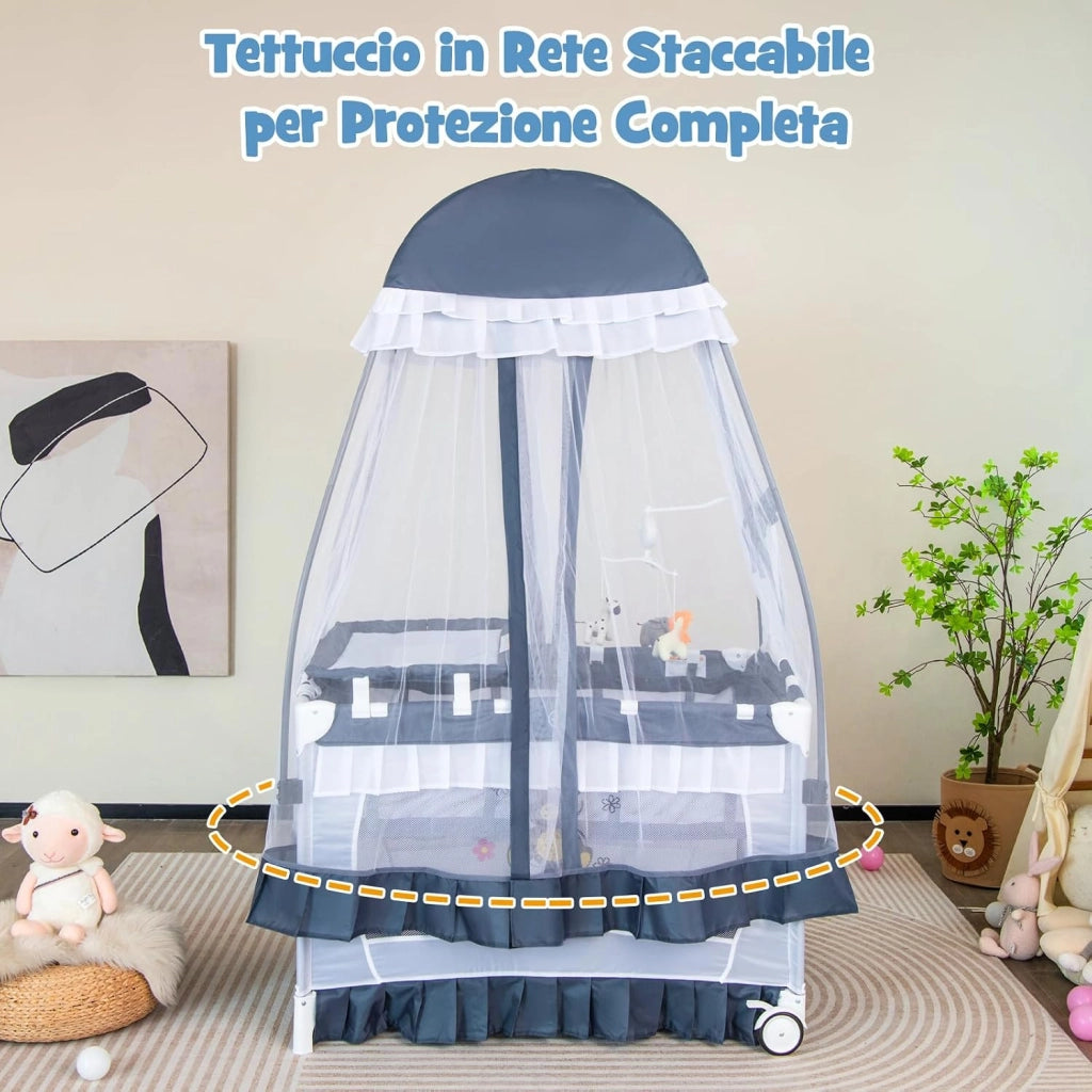 Lettino da Campeggio per Bambini, Culla Pieghevole con Fasciatoio Zanzariera, Box Neonati con Giocattoli, Ruote, per Bambini 0-36 Mesi (Grigio)