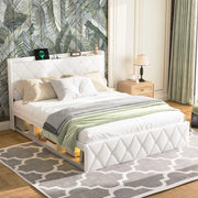 Letto imbottito 140 × 200 cm con USB, LED, 6 cassetti, ripiano testiera, senza materasso, bianco