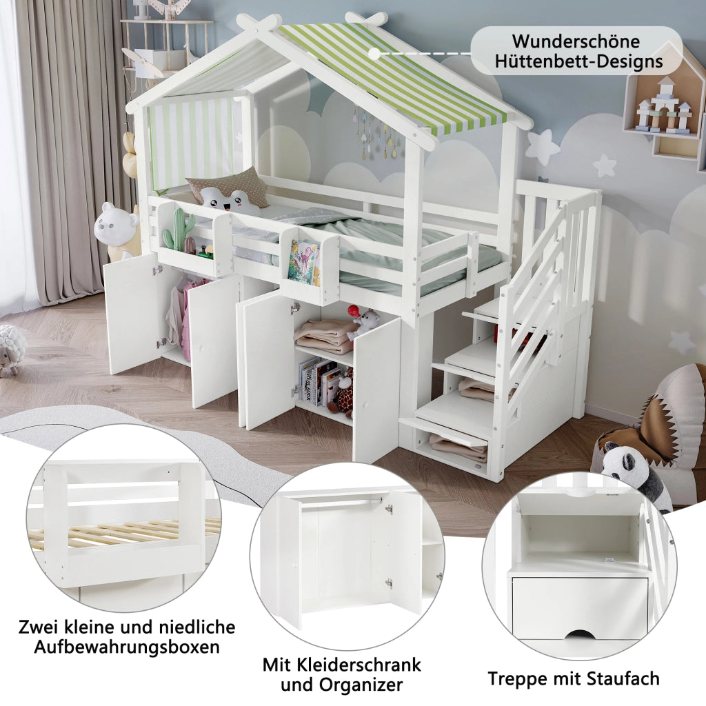 LETTO A CASTELLO 90x200 cm con scala contenitore, armadio, bianco e verde