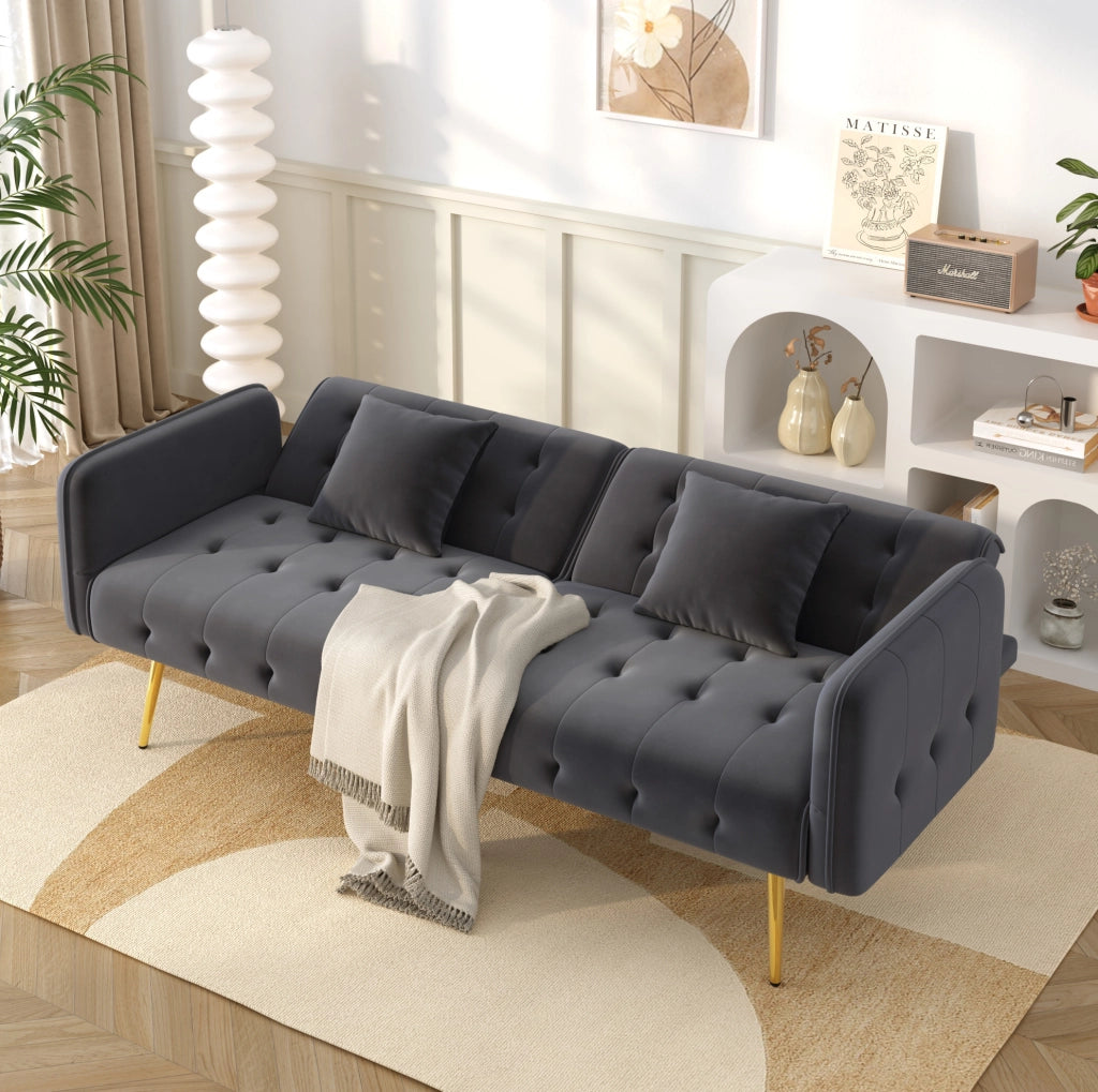 Divano letto 2 posti trasformabile 215x81;5 cm in velluto grigio antico con schienale regolabile