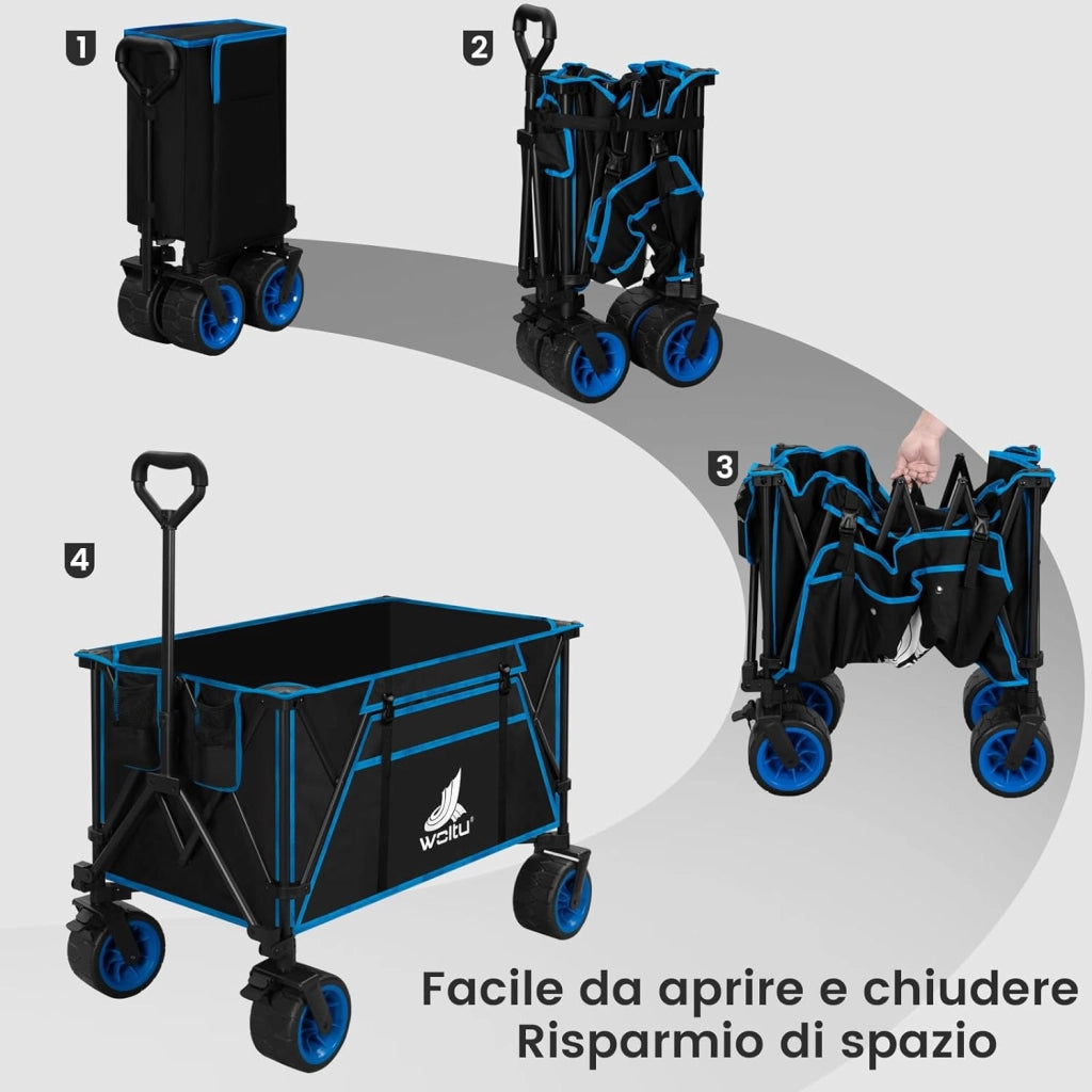 Carrello Pieghevole con Ruote da Spiaggia, Carrello da Giardino, Campeggio, Viaggio, Spesa, Borsa di Trasporto, Oxford+Acciaio, Nero+Blu