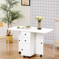 Tavolo a Ribalta per 6 Persone max con 2 Cassetti, Armadietto e Ripiano, in Truciolato, 120x60x76.5 cm, Bianco