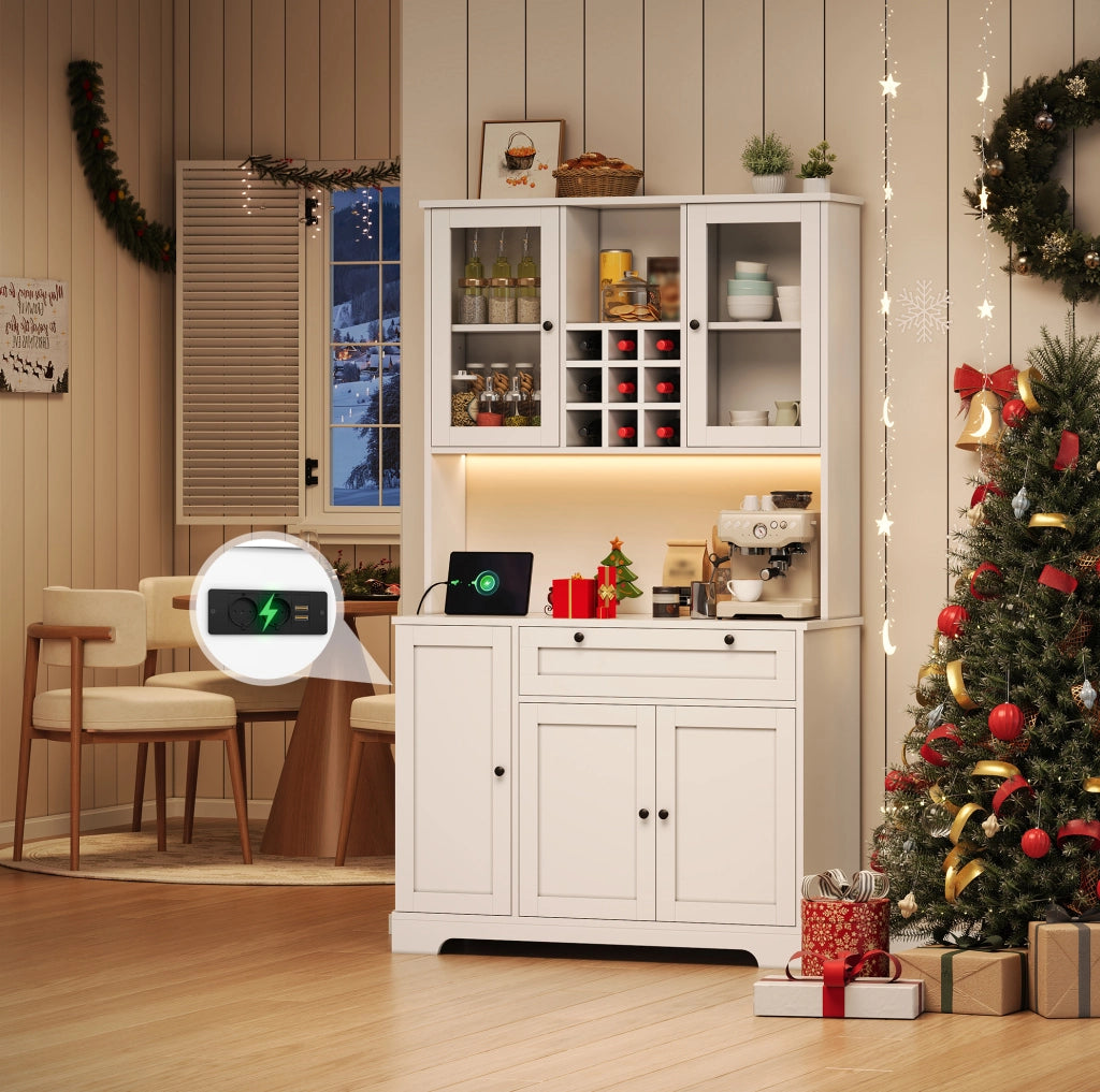 Credenza alta con LED RGB, prese USB e AC, ripiani regolabili e vetrine in vetro temperato, 180 cm