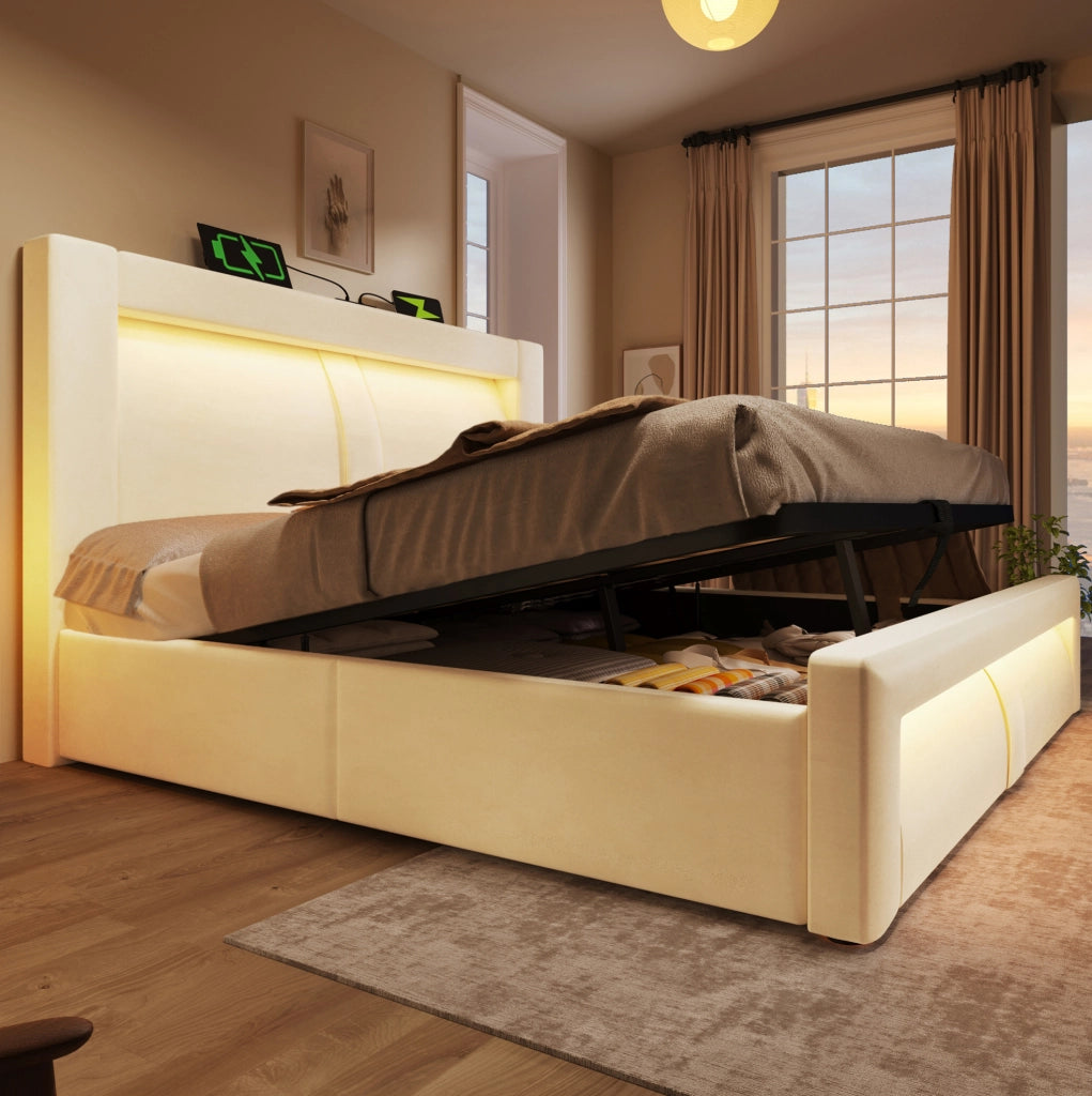 Letto matrimoniale 140x200 cm con contenitore; LED e porte USB/Type-C; in velluto beige