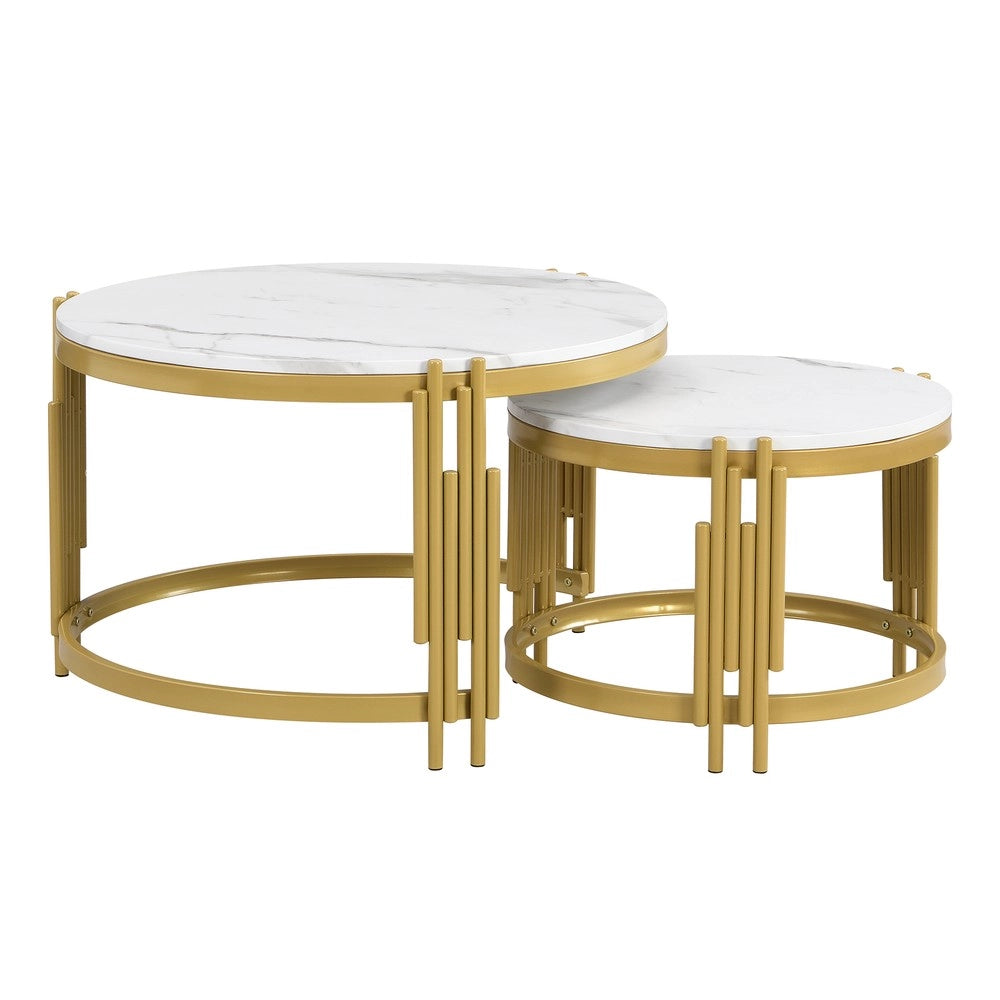 Set Tavolini da Caff¨¨ Rotondi ¨C MINIMAL ¨C Effetto Marmo, Struttura Metallo Dorato