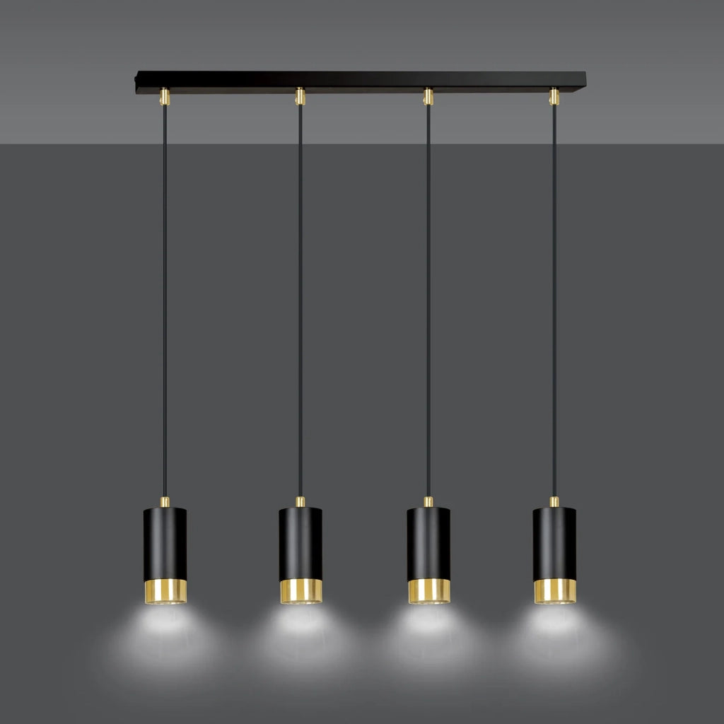 Lampadario 4 Luci Ivar Con Cilindri In Acciaio Nero E Oro
