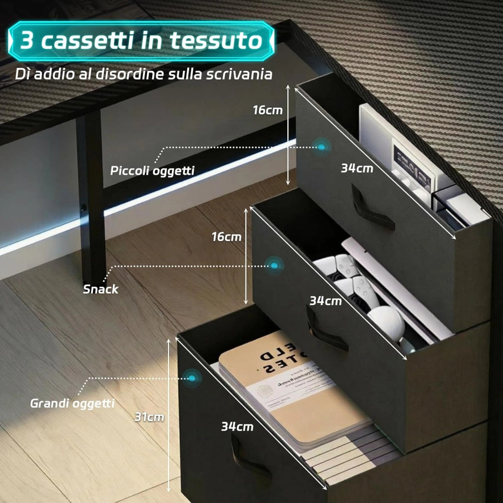 Scrivania Gaming con Luci LED e Presa Elettrica, 115_x_90_cm Scrivania Angolare a L con Mensola, Pannello a Griglia, 3 Cassetti e Supporto Monitor per Giocatori, Nero