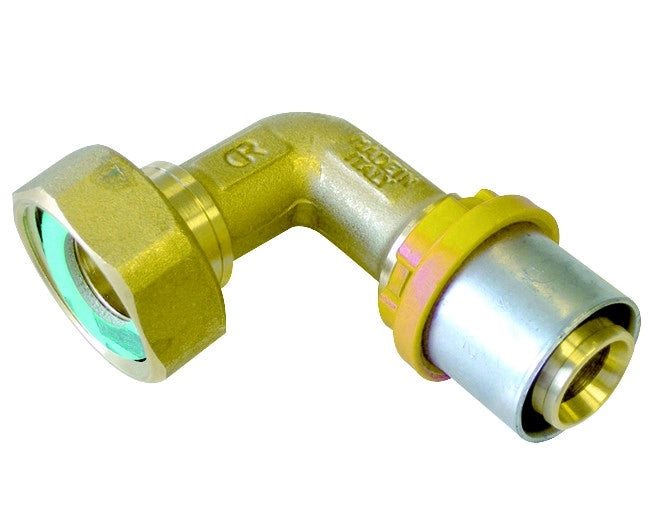 Raccordo a pressare curvo 16 x 3/4 con girello per multistrato per gas tiemme
