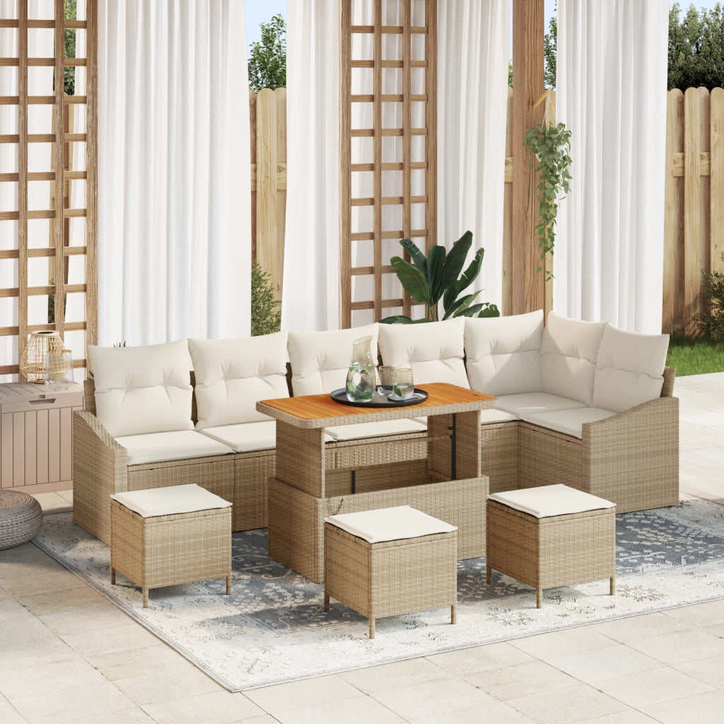 Set di divano da giardino con cuscini 10 pezzi Beige Polyrattan Acacia